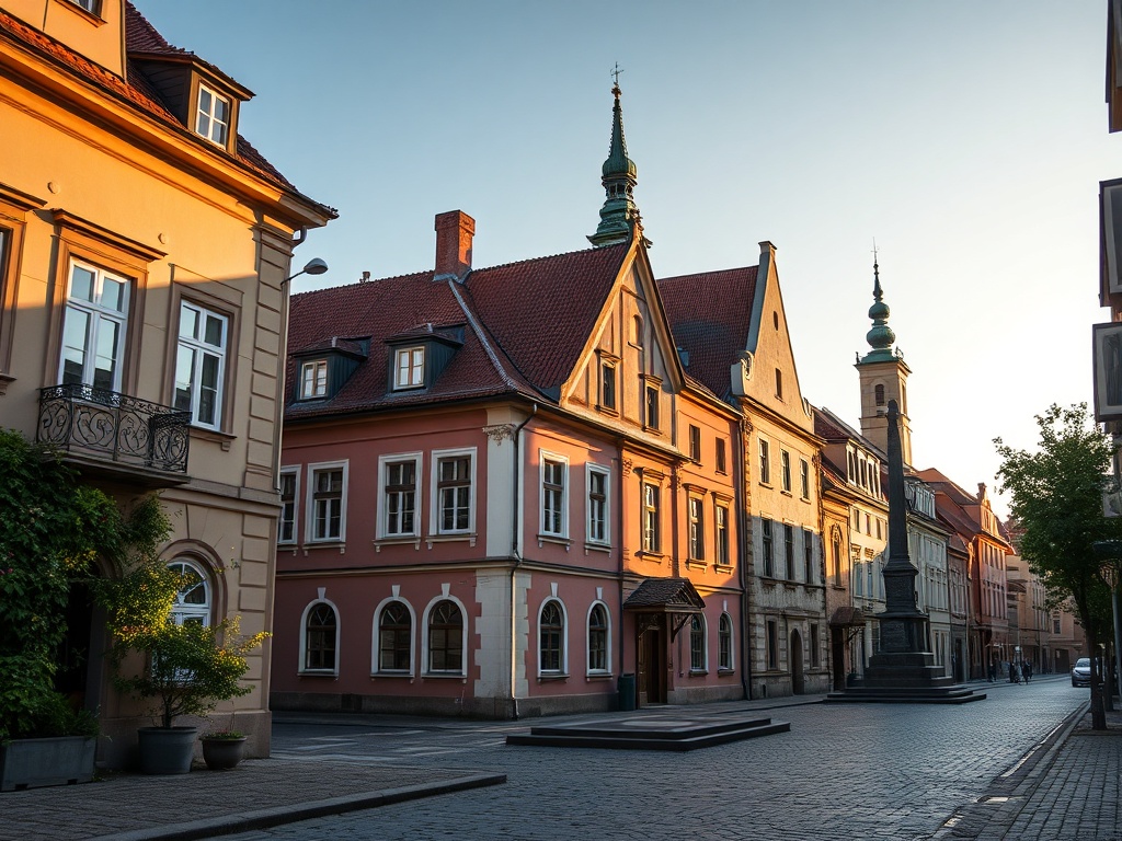 Malowniczy widok na historyczne centrum Chełmna z wieżami kościelnymi na tle błękitnego nieba.